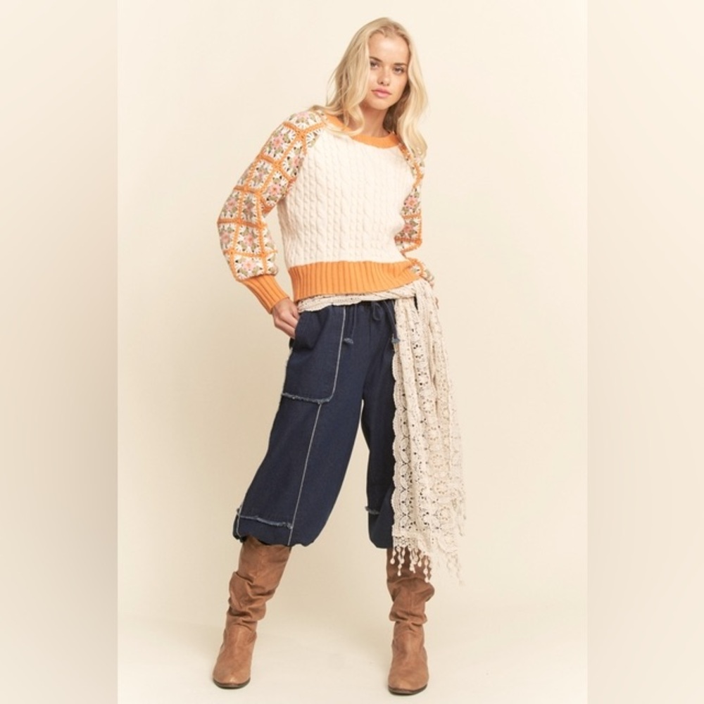 Crochet Sleeve Granny Square Cable Knit Sweater - Davi & Dani - Picture 4 of 7